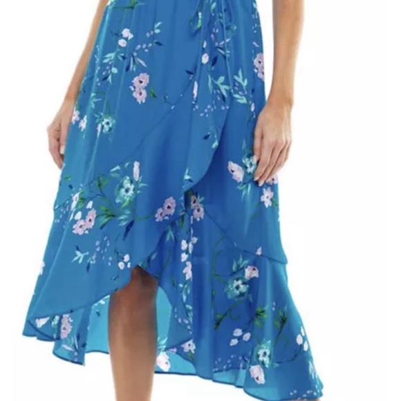 Socialite Women’s Ruffled Faux Wrap High/Low Midi Dress Royal Blue Floral Size L - Picture 4 of 12